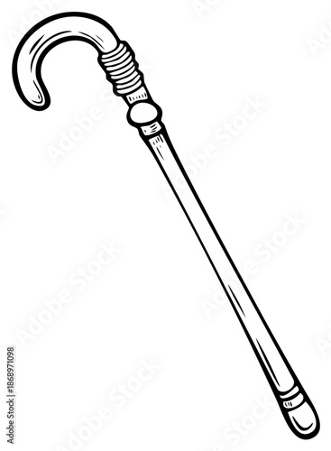 Classic walking stick or cane with a curved handle in a black line art doodle style