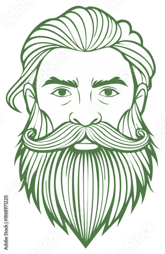 Stylish bearded man with a long beard and handlebar mustache vector line art illustration