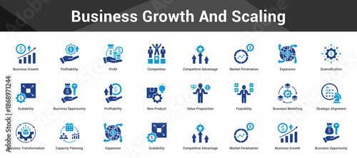 Business Growth And Scaling Cohesive set of minimalist vector icons representing key ideas with visual clarity