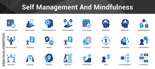 Self Management And Mindfulness Cohesive set of minimalist vector icons representing key ideas with visual clarity