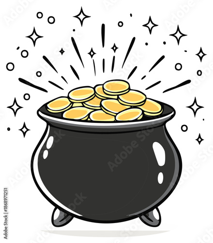 Cartoon pot of gold coins, lucky symbol of wealth and prosperity.