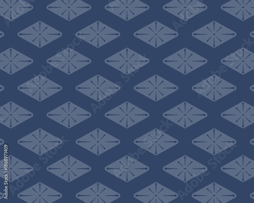 落ち着いた紺色の背景に伝統的な割菱をあしらった和風シームレス背景素材。藍染のような深いトーンの幾何学文様。ビジネス資料、パッケージや和のデザインに最適なベクター背景素材。
