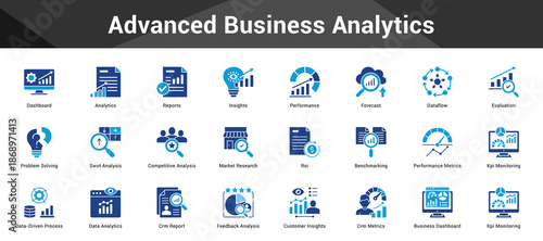 Advanced Business Analytics Cohesive set of minimalist vector icons representing key ideas with visual clarity