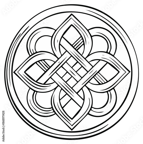 Intricate circular Celtic knot black and white line drawing ornament