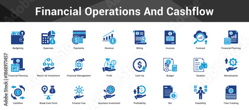 Financial Operations And Cashflow Cohesive set of minimalist vector icons representing key ideas with visual clarity