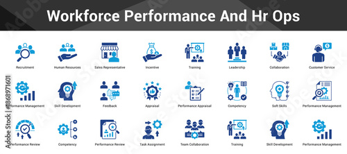 Workforce Performance And Hr Ops Cohesive set of minimalist vector icons representing key ideas with visual clarity