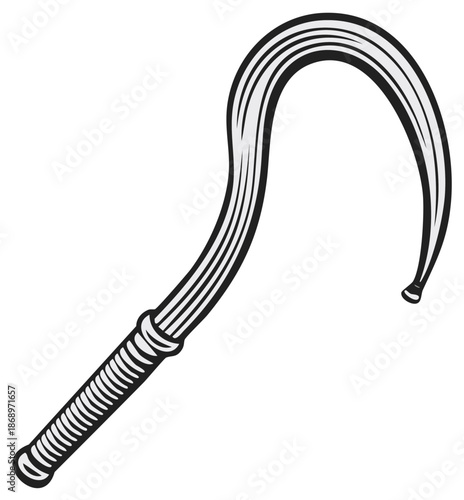 Illustration of a bullwhip with a curved handle and a textured grip