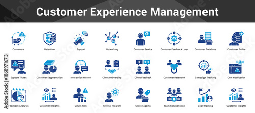 Customer Experience Management Cohesive set of minimalist vector icons representing key ideas with visual clarity
