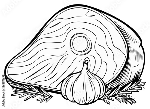 Raw T Bone Beef Steak with Garlic and Rosemary Hand Drawn Sketch Illustration