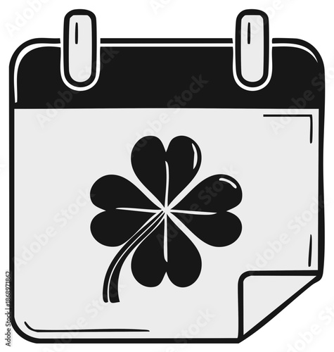 Black and white illustration of a calendar page with a four leaf clover symbol for luck