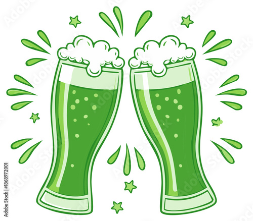 St Patricks Day cheerful green beer glasses toasting with foam bubbles and festive star illustration