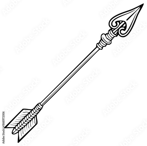 Decorative Antique Arrow With Intricate Fletching and Ornate Point in Classic Line Art Style