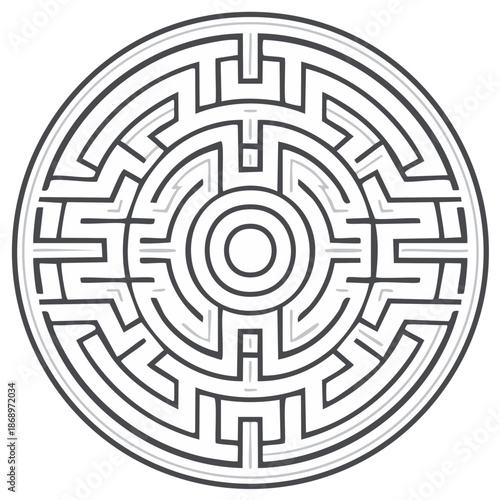 Complex Circular Labyrinth Puzzle Design With Intricate Pathways and a Central Goal