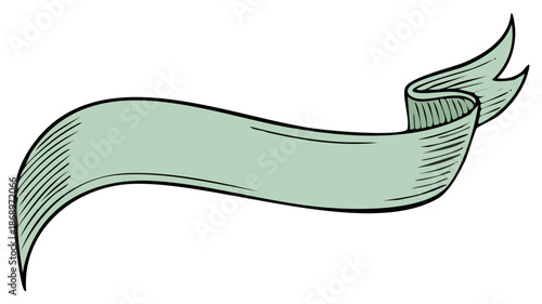 Empty green waving ribbon banner in a vintage hand drawn illustration style