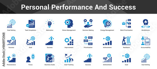 Personal Performance And Success Cohesive set of minimalist vector icons representing key ideas with visual clarity