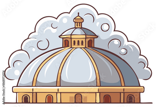 Stylized architectural dome with golden base ornate cupola and soft clouds cartoon illustration