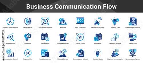 Business Communication Flow Cohesive set of minimalist vector icons representing key ideas with visual clarity