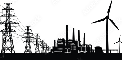 Industrial factory power plant silhouette with smokestacks, electric transmission towers, and wind turbines illustrating modern energy infrastructure, production, and transition concept.
