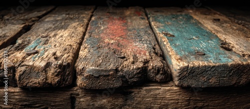 Close-up of weathered, colorful wooden planks, with nails, and varied textures