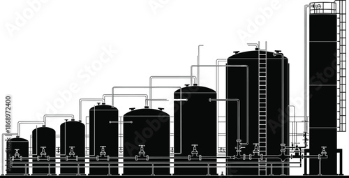 Industrial storage tanks and pipelines silhouette, black vector illustration of chemical processing plant and oil refinery infrastructure, heavy industry engineering concept