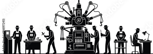 Industrial Revolution factory workers labor on massive automated machine, vintage engraving style illustration of human labor and technology synergy, black and white silhouette.