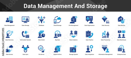 Data Management And Storage Cohesive set of minimalist vector icons representing key ideas with visual clarity