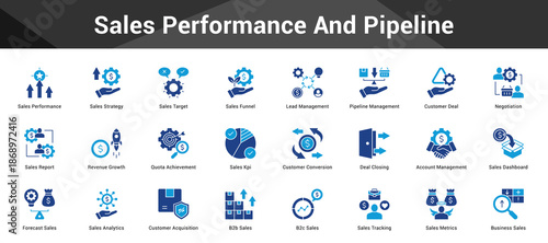 Sales Performance And Pipeline Cohesive set of minimalist vector icons representing key ideas with visual clarity