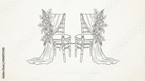 Two adorned chairs arranged for a special occasion, showcasing elegance and preparation