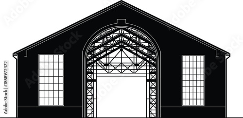 Industrial warehouse facade illustration, large arched entrance and steel truss roof, historic factory building exterior, black and white architectural vector design