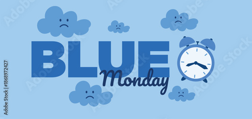 Conceptual Blue Monday illustration featuring sad rain clouds and an alarm clock on a light blue background.