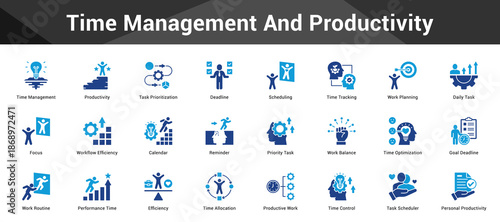 Time Management And Productivity Cohesive set of minimalist vector icons representing key ideas with visual clarity