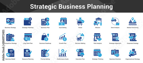 Strategic Business Planning Cohesive set of minimalist vector icons representing key ideas with visual clarity
