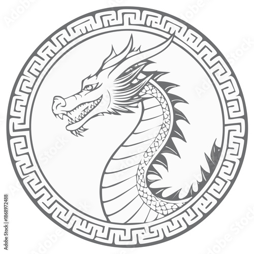 Stylized Dragon Head in Geometric Circle, Cultural Symbol, Detailed Line Art Illustration, Mythical Creature, Traditional Design