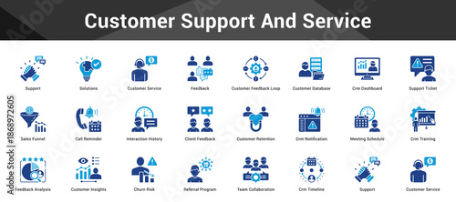 Customer Support And Service Cohesive set of minimalist vector icons representing key ideas with visual clarity