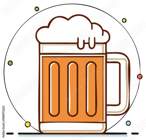 Cartoon mug of beer with foamy head on circle background