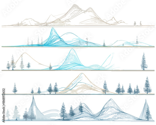 透明感のある手描き抽象風景イラストレーション。山並みと木々がミニマルなデザイン要素として重なり合う、静かで穏やかなアートワーク。