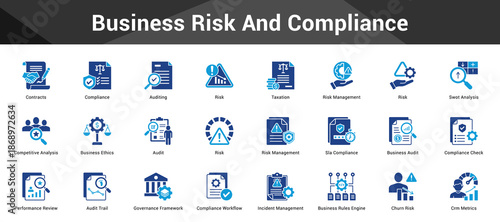 Business Risk And Compliance Cohesive set of minimalist vector icons representing key ideas with visual clarity