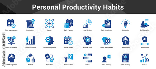 Personal Productivity Habits Cohesive set of minimalist vector icons representing key ideas with visual clarity