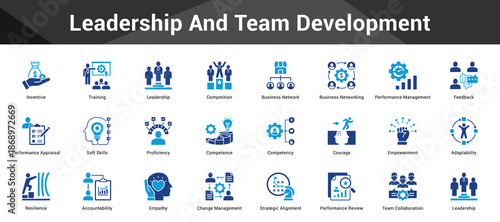 Leadership And Team Development Cohesive set of minimalist vector icons representing key ideas with visual clarity
