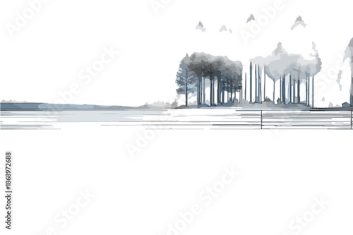 水彩画風の透明感あふれる森の風景イラスト、静寂な自然の美しさを表現したミニマルアートで、穏やかな環境を象徴するデザイン