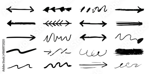 さまざまなスタイルで描かれた手書きの黒い矢印と線のセット。デザイン素材や強調表示に使える透明背景のベクターコレクション。