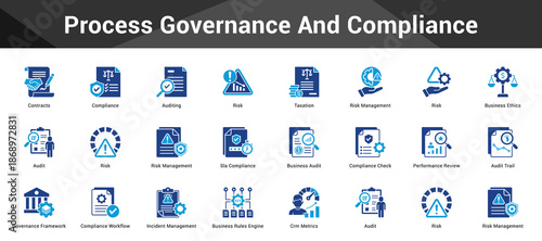 Process Governance And Compliance Cohesive set of minimalist vector icons representing key ideas with visual clarity