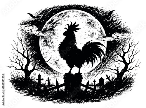 Distressed line art illustration of a rooster depicting a silhouette against a full moon in a haunted graveyard for dark fantasy designs