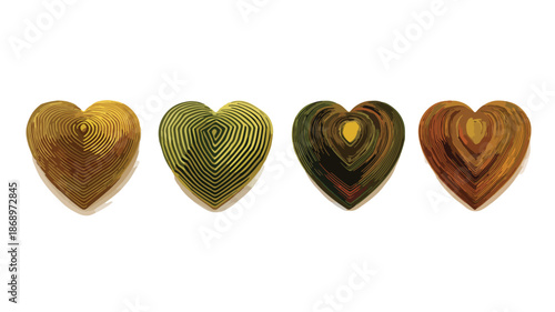 白背景に整列した、透明感と奥行きを感じさせる同心円状の模様が特徴的な、緑や茶色のグラデーションが美しい四つのハート形オブジェの抽象的なデザインイメージ