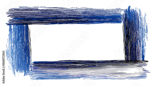 白い背景に青い筆跡で描かれた手描きの抽象的な長方形フレーム。粗いテクスチャと透明な余白が特徴で、創造的なデザイン要素として利用できます。