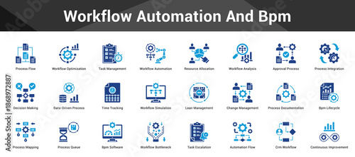 Workflow Automation And Bpm Cohesive set of minimalist vector icons representing key ideas with visual clarity
