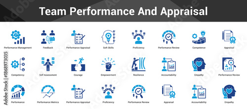 Team Performance And Appraisal Cohesive set of minimalist vector icons representing key ideas with visual clarity