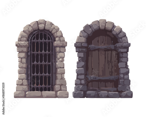 中世の古城やダンジョンを連想させる、石造りのアーチ型格子窓と頑丈な木製ドアのセット。ファンタジーゲームや物語に使えるベクター素材。