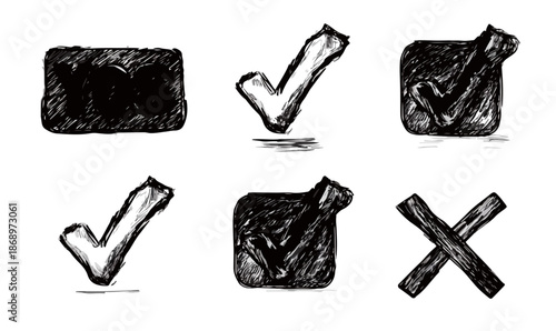 手書きのラフな質感を持つチェックマークとバツ印のアイコンセットは、デザインプロジェクトに素朴で個性的なアクセントを加えます。