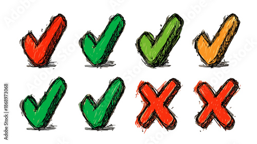 手描き風の温かみがある緑色のチェックマークと赤色のバツ印が並び、正解や承認、不正解や拒否を示す選択肢のアイコン素材です。